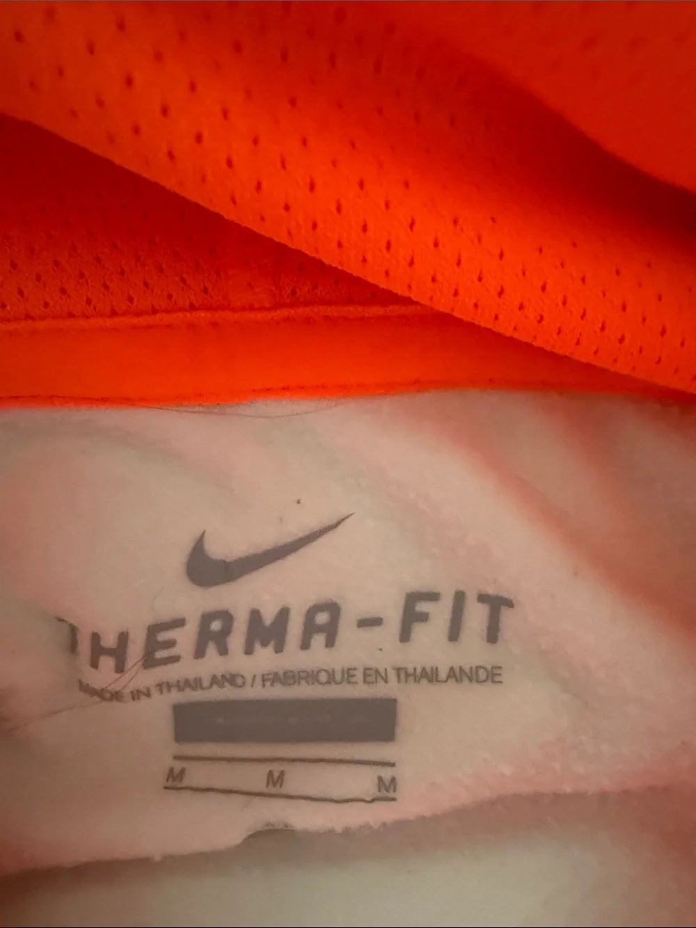 Nike White Sweatshirt with Neon Coral-Outlined Patterned Swoosh